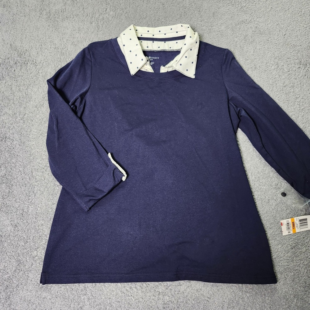 Karen Scott Sport Womens Small 3/4 Sleeve Top Navy Blue Polka Dot Layered Collar